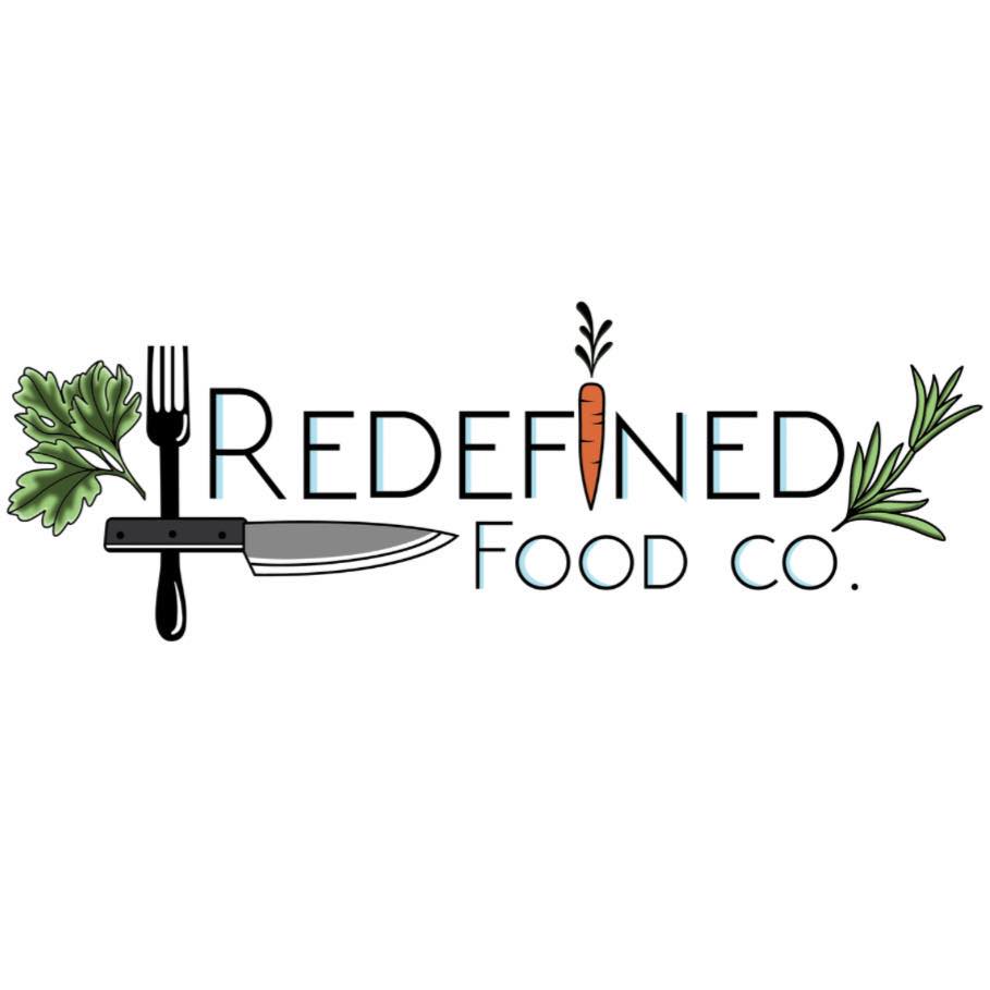 Logo for “Redefined Food Co.” featuring a fork, knife, and chef’s knife under the word “Redefined,” with parsley on the left and rosemary on the right; the “I” is illustrated as a carrot.