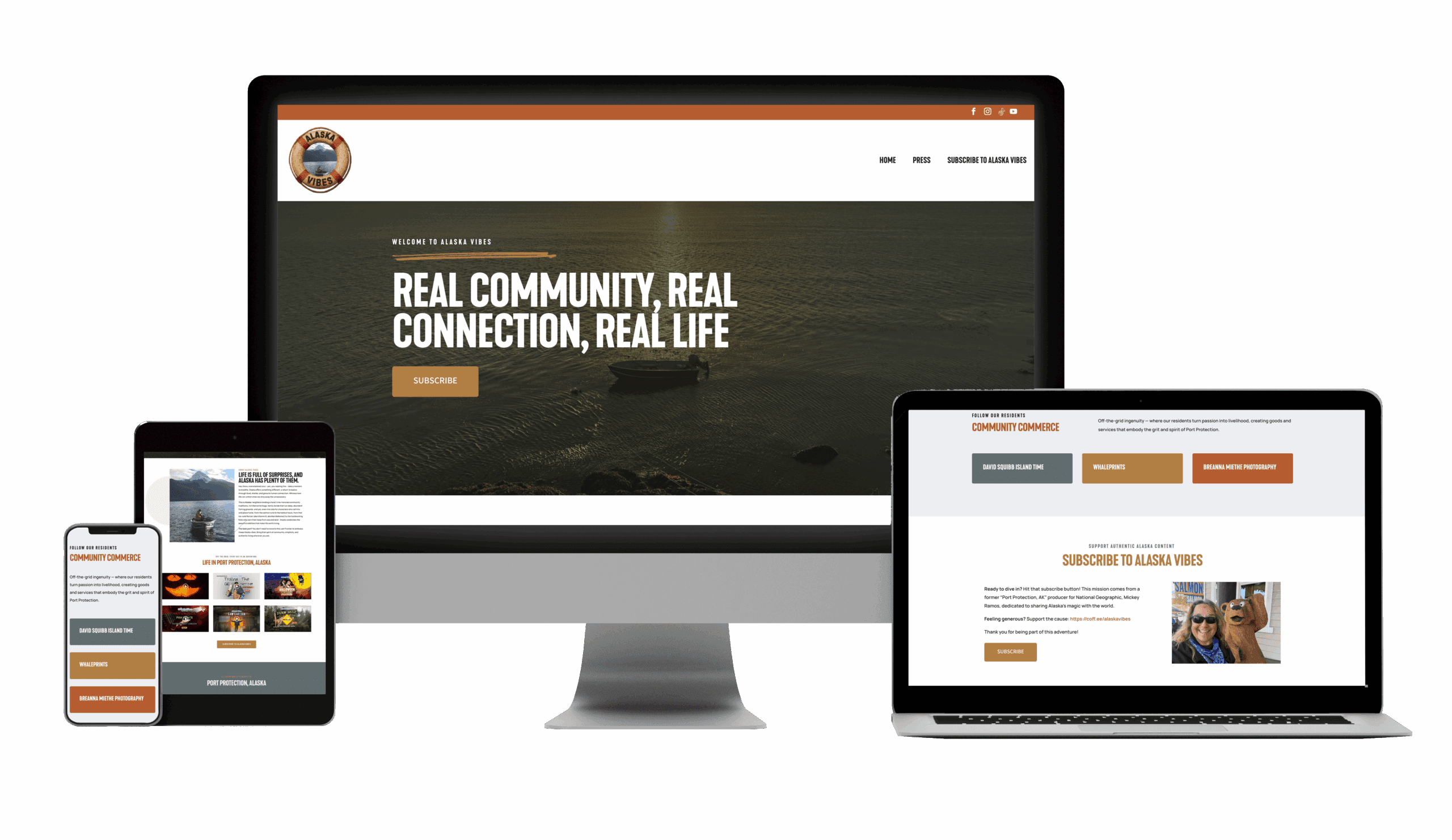A website is displayed on a smartphone, tablet, desktop, and laptop. The homepage features the text "Real Community, Real Connection, Real Life" over a sunset image, showing the site's responsive design across devices.