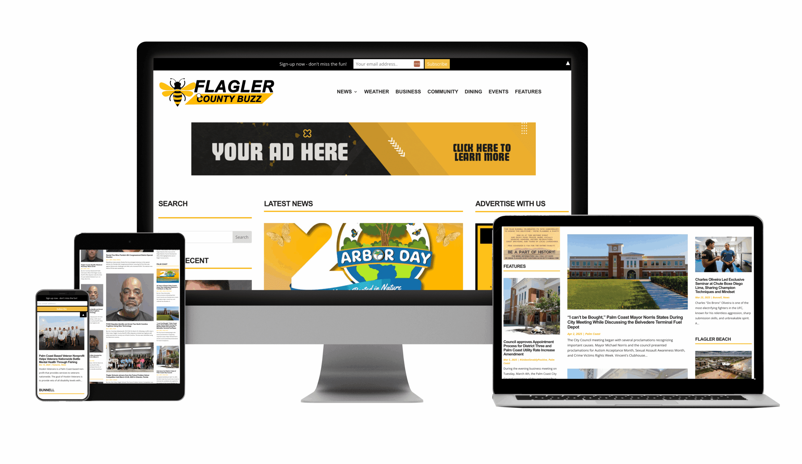 Screenshots of the Flagler County Buzz news website displayed on a smartphone, tablet, desktop monitor, and laptop, showing news articles, ads, and community features on each device.