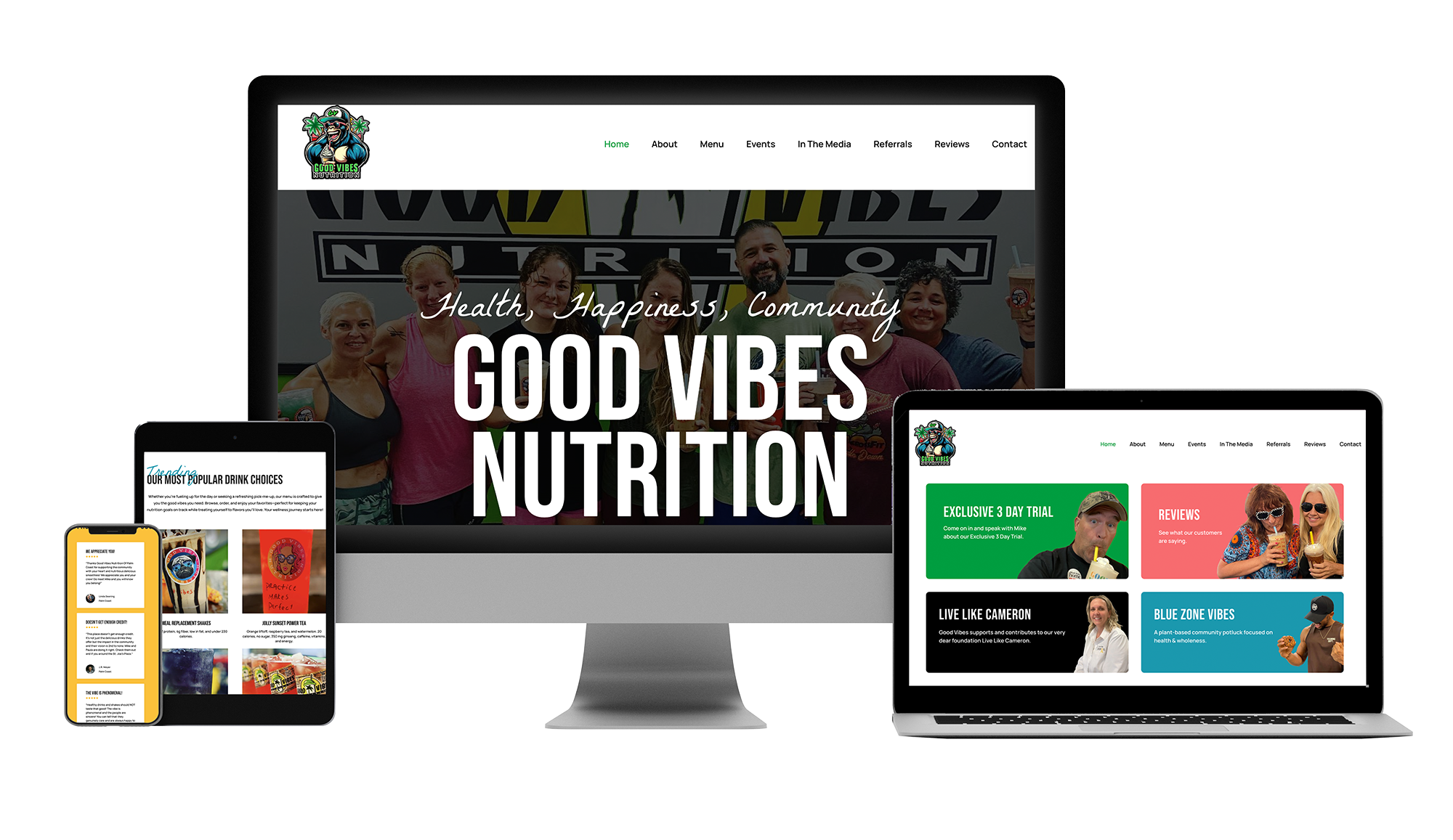A desktop monitor, laptop, tablet, and smartphone display the Good Vibes Nutrition website, featuring a colorful design with images of smiling people, nutrition info, and positive slogans on each screen.