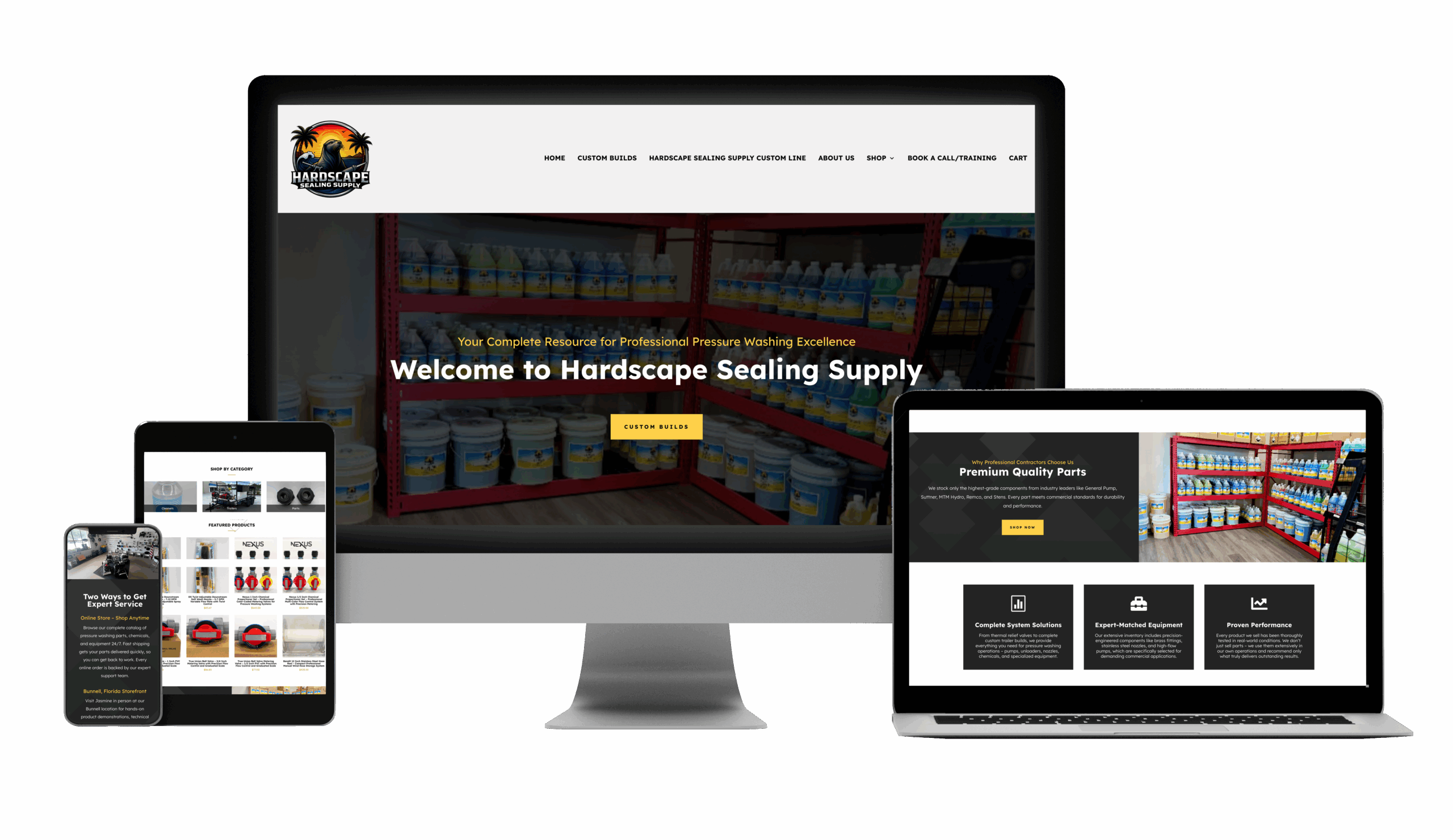A mockup displays the Hardscape Sealing Supply website on various devices, including a smartphone, tablet, laptop, and desktop monitor, showing a clean, responsive design and images of product shelves.