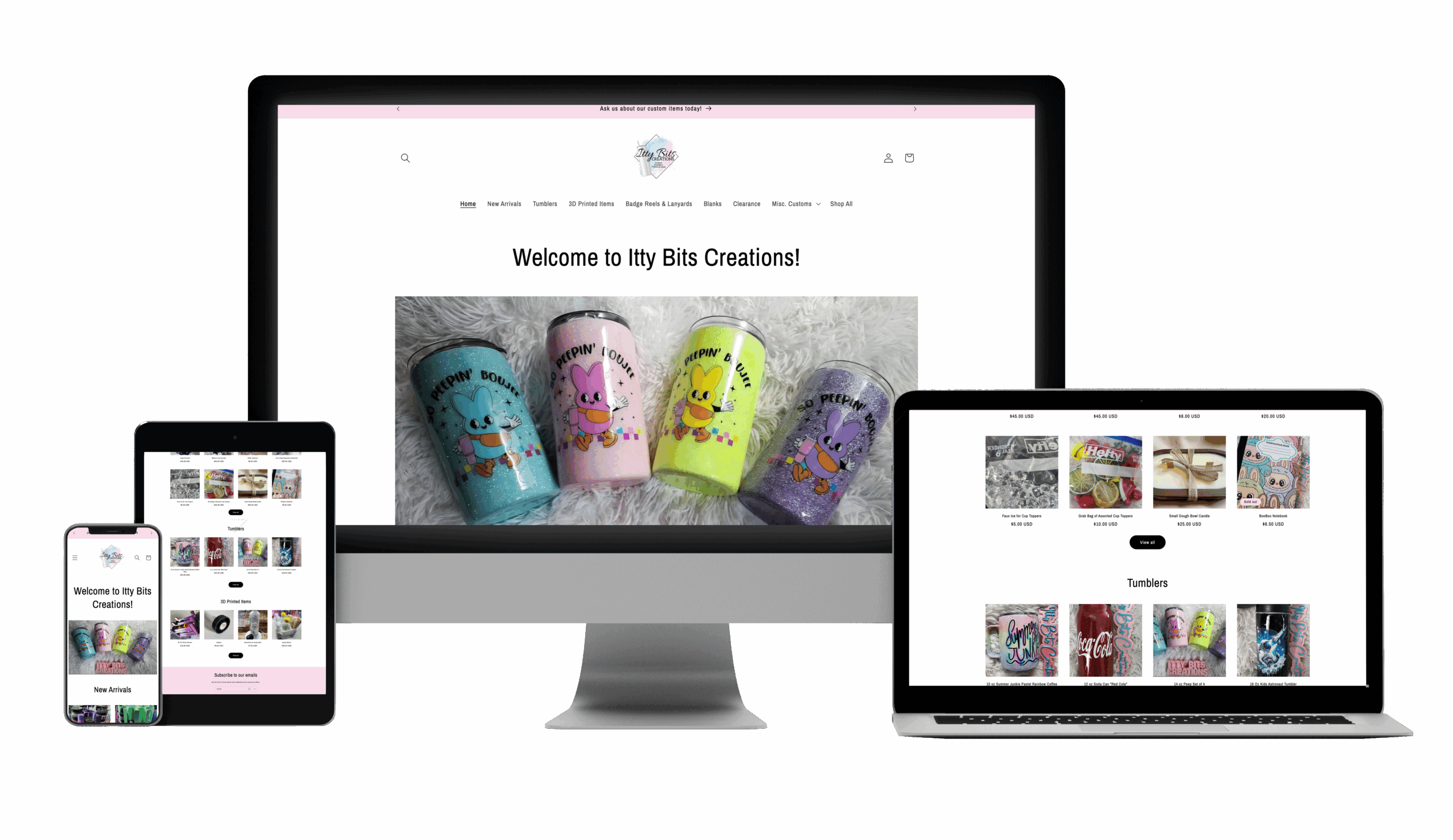 A website called "Itty Bits Creations" is displayed on a tablet, smartphone, desktop monitor, and laptop, showing colorful custom tumblers and handmade products on a white background.