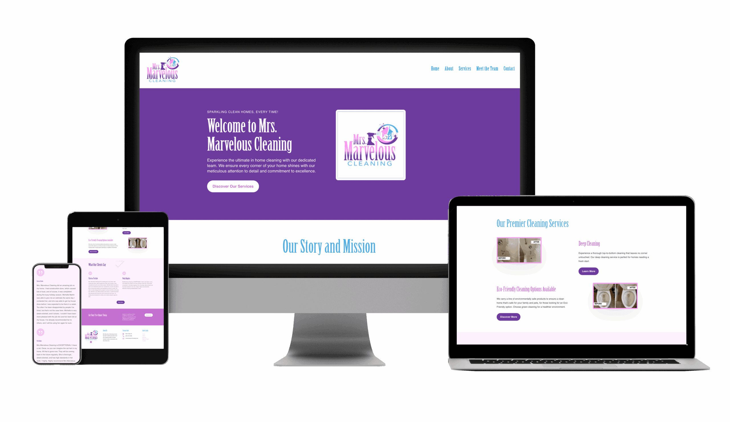 A responsive website for "Mrs. Marvelous Cleaning" is displayed on a smartphone, tablet, desktop, and laptop, showing the homepage with purple accents, the logo, and cleaning service details.