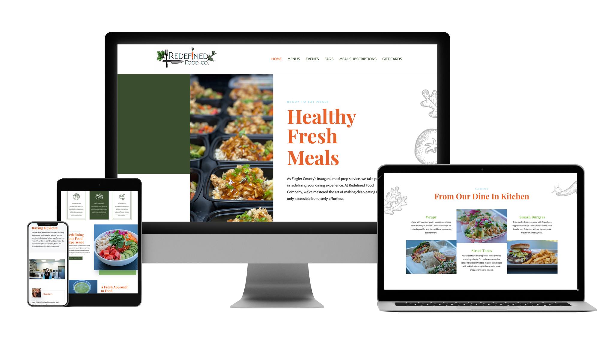 A computer monitor, laptop, tablet, and smartphone each display different pages of a healthy meal delivery website with images of fresh meals, menus, and descriptions on white backgrounds.