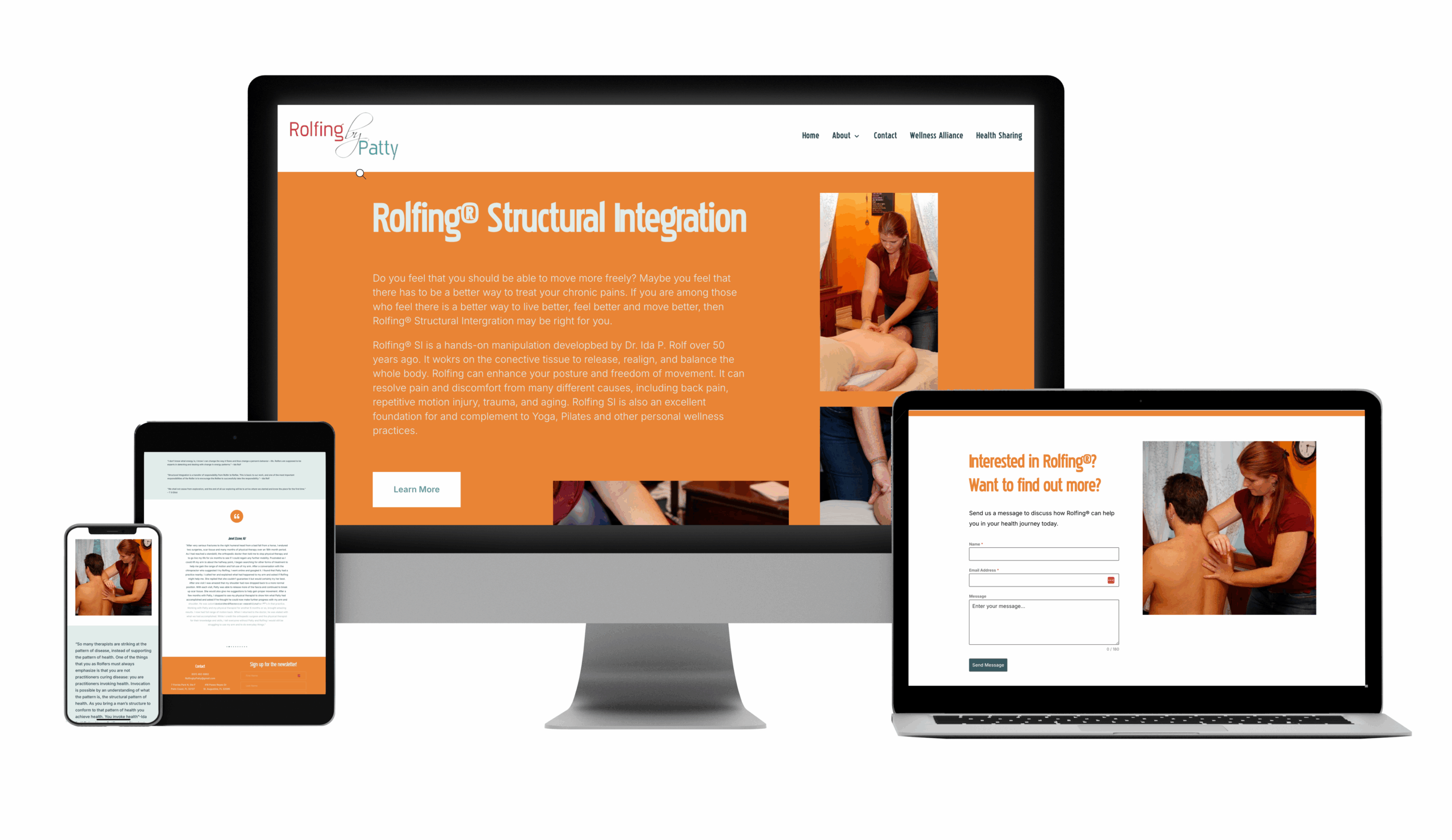 Four devices display the Rolfing Patty website: a smartphone, a tablet, a desktop monitor, and a laptop. The screens show images of bodywork therapy and text about Rolfing Structural Integration on orange backgrounds.