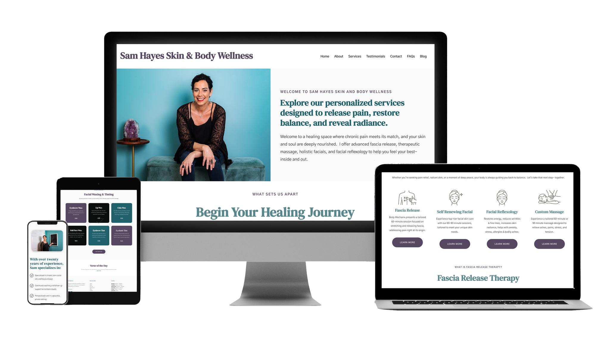 A responsive website for Sam Hayes Skin & Body Wellness is displayed on a phone, tablet, desktop, and laptop, featuring a woman sitting on a teal chair, service details, and healing journey information.