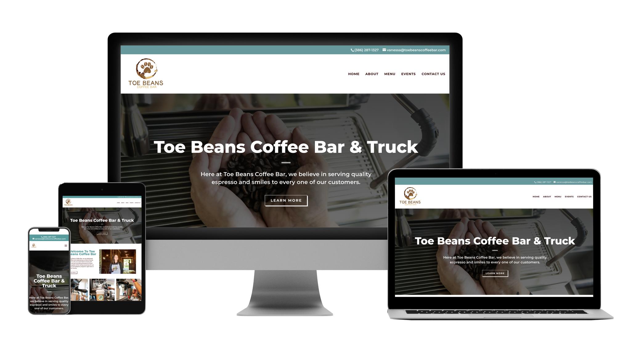 A responsive website for Toe Beans Coffee Bar & Truck is displayed on a desktop, laptop, tablet, and smartphone. The homepage features a coffee machine image and the business name prominently.